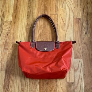Longchamp Red Nylon Tote with Brown Leather Trim